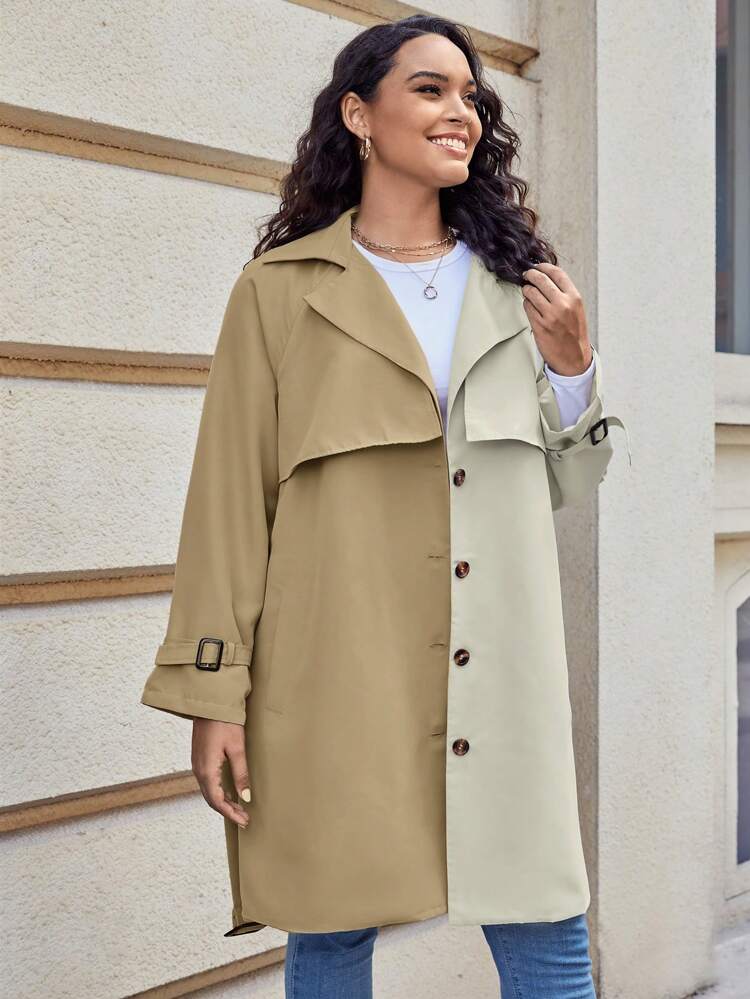 Plus Two Tone Lapel Neck Belted Trench Coat