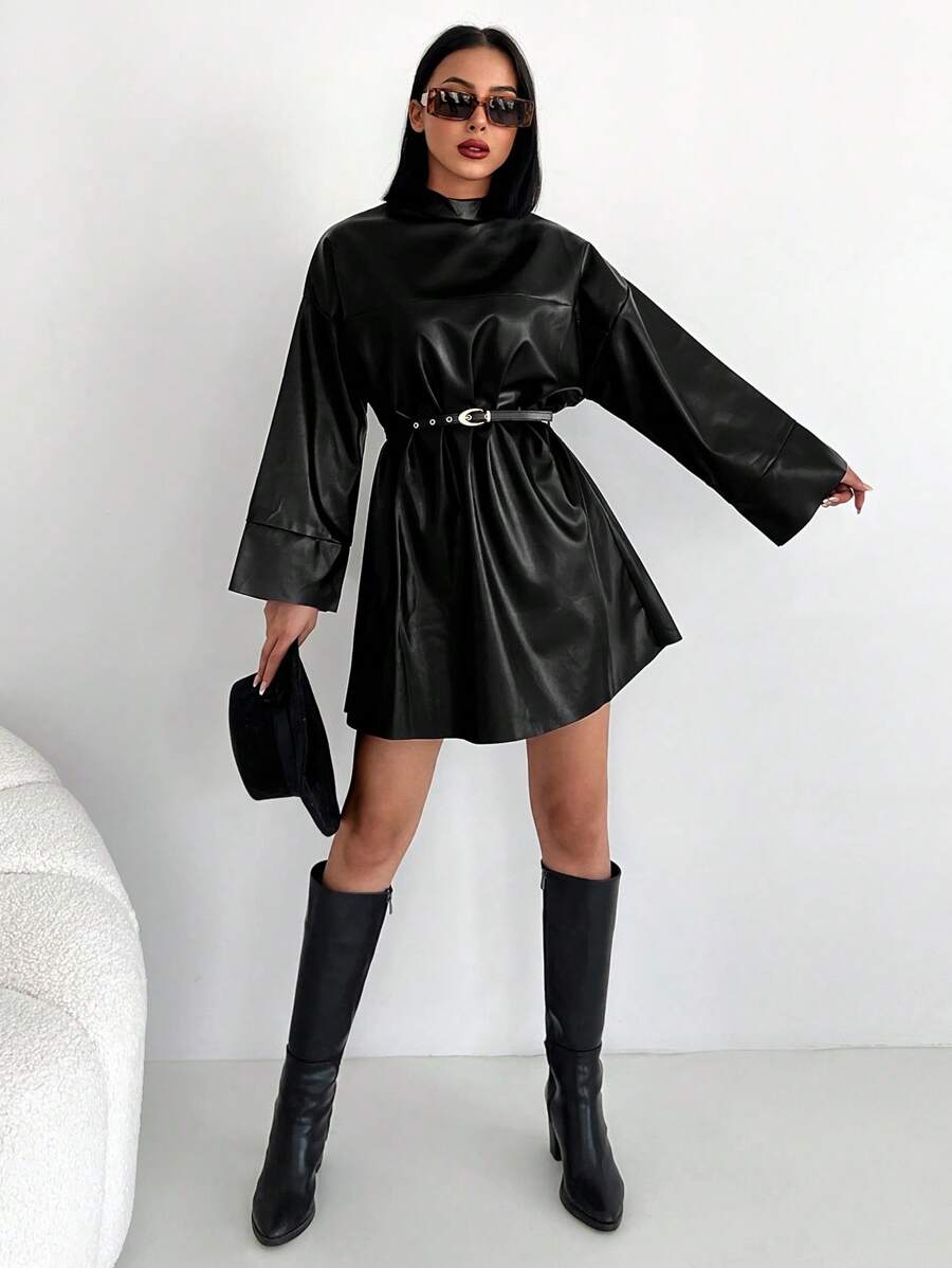 EURMUSE Women's Solid Color Stand Collar Drop Shoulder Long Sleeve PU Leather Dress - Black - View 1