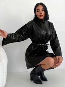 EURMUSE Women's Solid Color Stand Collar Drop Shoulder Long Sleeve PU Leather Dress - Black - View 4