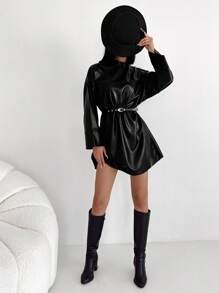 EURMUSE Women's Solid Color Stand Collar Drop Shoulder Long Sleeve PU Leather Dress - Black - View 5