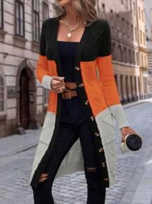 EMERY ROSE Color Block Dual Pocket Button Front Cardigan,Ladies Spring/Fall Casual Pocket Regular Sleeve V Neck Regular Fit Multicolor Colorblock Women Cardigans,Casual Daily Wear,Long Sleeve Tops - Multicolor - View 3