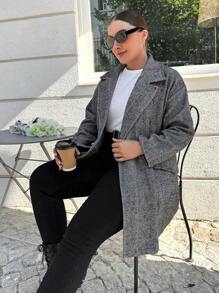 RueChic Plus Lapel Neck Double Button Overcoat - Black - View 3