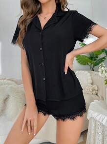 睫毛蕾絲邊睡衣套裝 - 黑色 - 查看 3