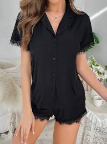 睫毛蕾絲邊睡衣套裝 - 黑色 - 查看 5