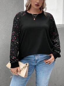 SHEIN LUNE 大碼星空圖案插肩袖運動衫 - 黑色 - 查看 1