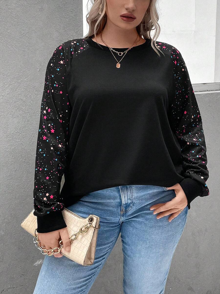 SHEIN LUNE 大碼星空圖案插肩袖運動衫 - 黑色 - 查看 1