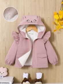 SHEIN 女嬰卡通圖案荷葉邊毛絨內襯3D耳朵設計連帽夾克 - 藕粉色 - 查看 1