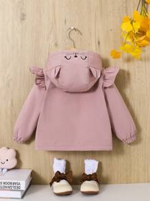 SHEIN 女嬰卡通圖案荷葉邊毛絨內襯3D耳朵設計連帽夾克 - 藕粉色 - 查看 2