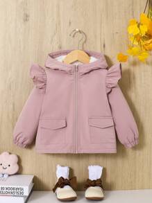SHEIN 女嬰卡通圖案荷葉邊毛絨內襯3D耳朵設計連帽夾克 - 藕粉色 - 查看 3