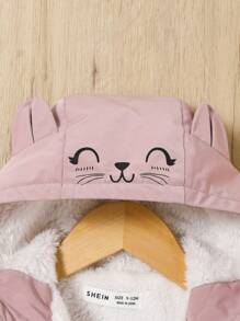 SHEIN 女嬰卡通圖案荷葉邊毛絨內襯3D耳朵設計連帽夾克 - 藕粉色 - 查看 4