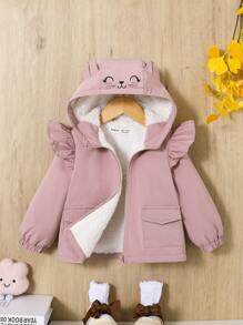 SHEIN 女嬰卡通圖案荷葉邊毛絨內襯3D耳朵設計連帽夾克 - 藕粉色 - 查看 5