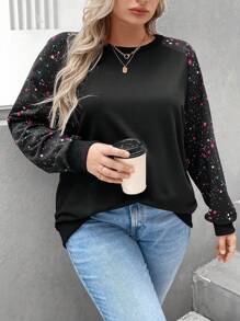 SHEIN LUNE 大碼星空圖案插肩袖運動衫 - 黑色 - 查看 4