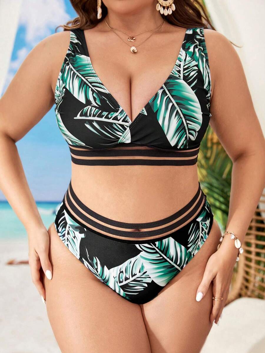 SHEIN Swim Curve Plus Bộ bikini viền lưới in họa tiết nhiệt đới - Nhiều màu - Xem 1