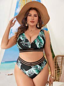 SHEIN Swim Curve Plus Bộ bikini viền lưới in họa tiết nhiệt đới - Nhiều màu - Xem 3
