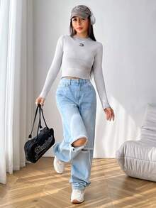 SHEIN EZwear Chi tiết Patched thư Áo len Crop - Màu Xám nhạt - Xem 4