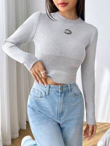 SHEIN EZwear Chi tiết Patched thư Áo len Crop - Màu Xám nhạt - Xem 5