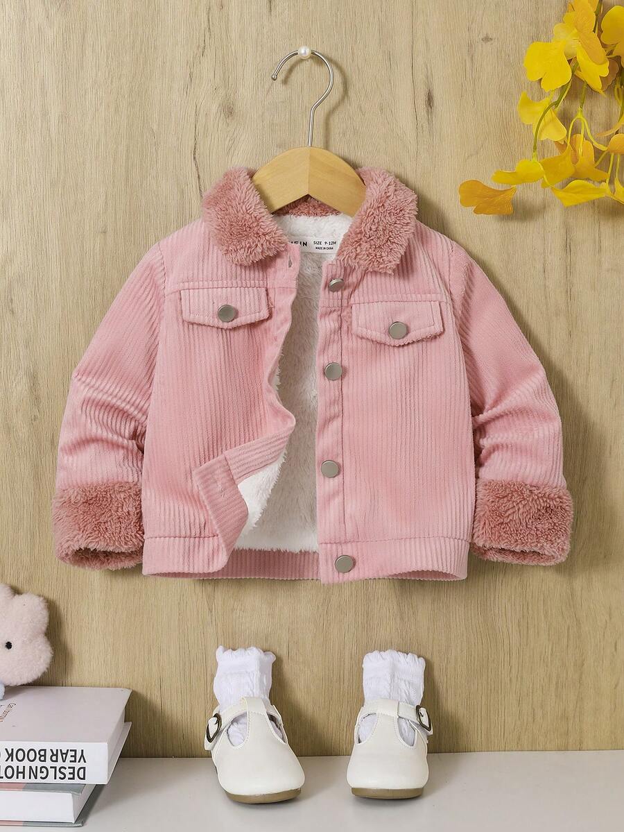 SHEIN Con trai Lỏng lẻo phù hợp Phong cách Học viện Lông cừu Vá lại Áo khoác - Hồng - Xem 1