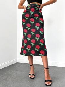 EURMUSE Allover Floral Print Zipper Back Skirt - Black - View 1