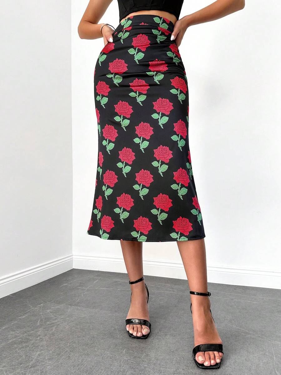 EURMUSE Allover Floral Print Zipper Back Skirt - Black - View 1