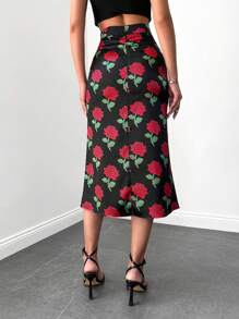 EURMUSE Allover Floral Print Zipper Back Skirt - Black - View 2