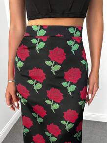 EURMUSE Allover Floral Print Zipper Back Skirt - Black - View 4