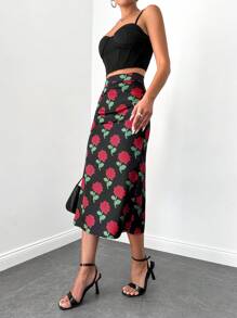 EURMUSE Allover Floral Print Zipper Back Skirt - Black - View 5