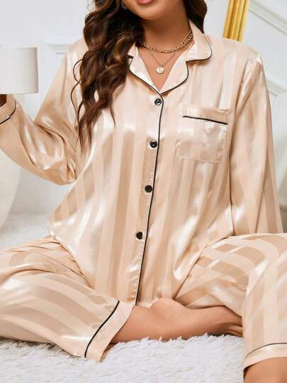 LuxeNights Plus Size Women Contrast Piping Satin Top & Pants Pajama Set, Fall Winter Clothes Cozy And Elegant Details