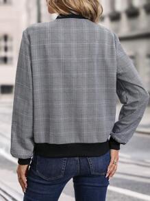 Plaid Print Zip Up Bomber Jacket - Grey - View 2