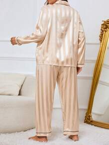 LuxeNights Plus Size Women Contrast Piping Satin Top & Pants Pajama Set, Fall Winter Clothes Cozy And Elegant Details - Champagne - View 3