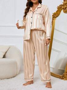 LuxeNights Plus Size Women Contrast Piping Satin Top & Pants Pajama Set, Fall Winter Clothes Cozy And Elegant Details - Champagne - View 4