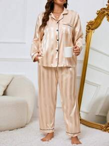 LuxeNights Plus Size Women Contrast Piping Satin Top & Pants Pajama Set, Fall Winter Clothes Cozy And Elegant Details - Champagne - View 5