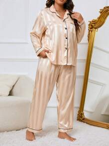 LuxeNights Plus Size Women Contrast Piping Satin Top & Pants Pajama Set, Fall Winter Clothes Cozy And Elegant Details - Champagne - View 6