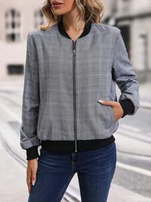 Plaid Print Zip Up Bomber Jacket - Grey - View 6