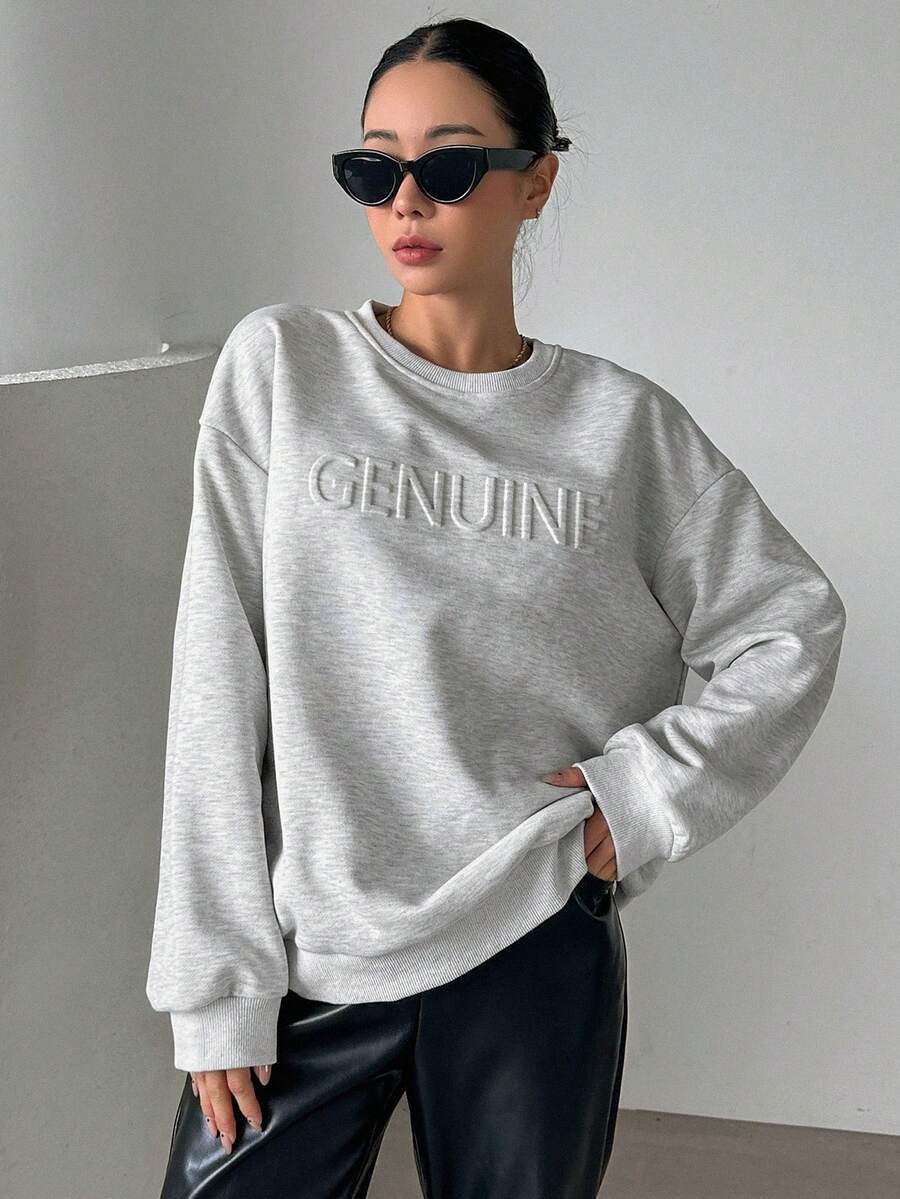 DAZY Đồ họa Chữ cái Thả vai Áo nỉ - Màu Xám nhạt - Xem 1