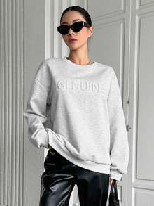 DAZY Đồ họa Chữ cái Thả vai Áo nỉ - Màu Xám nhạt - Xem 3