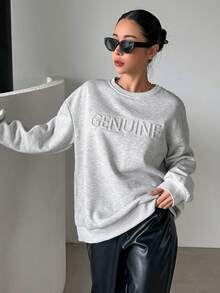 DAZY Đồ họa Chữ cái Thả vai Áo nỉ - Màu Xám nhạt - Xem 5