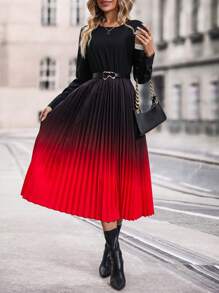 SHEIN Clasi Ombre Pleated Hem Belted Dress - Multicolor - View 5