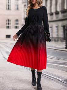 SHEIN Clasi Ombre Pleated Hem Belted Dress - Multicolor - View 6