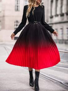 SHEIN Clasi Ombre Pleated Hem Belted Dress - Multicolor - View 7