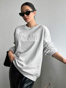 DAZY Đồ họa Chữ cái Thả vai Áo nỉ - Màu Xám nhạt - Xem 9