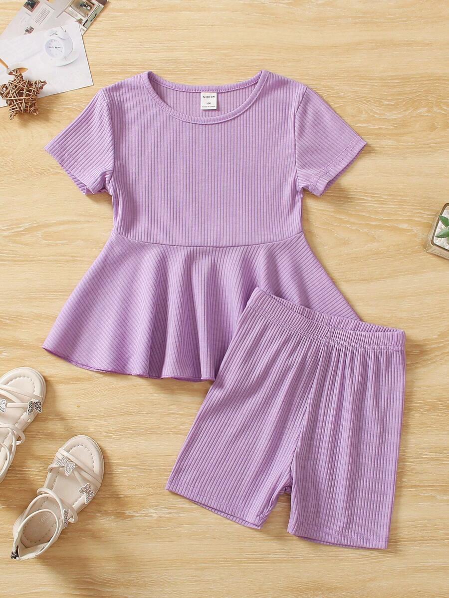 SHEIN Cô Gái Trẻ Đồ đan Ribbed Xoay eo Áo thun & quần đùi - Màu tím - Xem 1