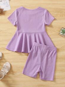 SHEIN Cô Gái Trẻ Đồ đan Ribbed Xoay eo Áo thun & quần đùi - Màu tím - Xem 2