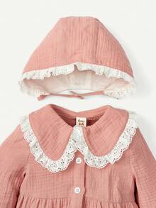 Cozy Pixies Đứa bé gái Đồ trang trí thêu mắt Cổ tròn Áo liền quần chặt Với mũ - Màu Hồng  San hô - Xem 3