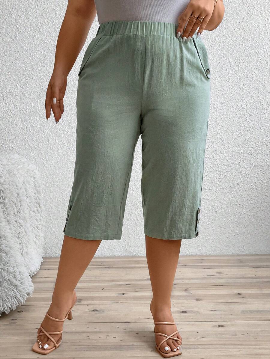 Calvaya 大碼素色七分褲 - 綠色 - 查看 1