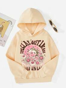 Teen Girl Sun & Letter Graphic Kangaroo Pocket Sweatshirt - Beige - View 1