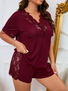 加大对比色蕾丝睡衣套装/睡衣套装 - 酒紅色 - 查看 1