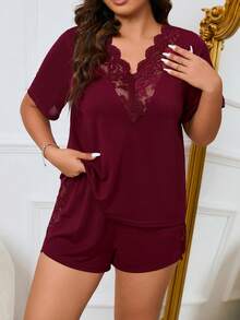 加大对比色蕾丝睡衣套装/睡衣套装 - 酒紅色 - 查看 4