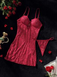 Classic Sexy 蕾絲拼接 挖空純色女士性感內衣 - 紅色 - 查看 3