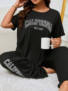 Plus Letter Graphic Tee & Pants PJ Set / Pajama Set - Black - View 1