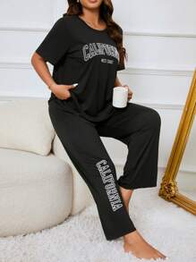 Plus Letter Graphic Tee & Pants PJ Set / Pajama Set - Black - View 2